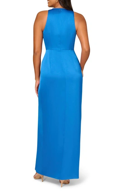 Aidan Mattox Beaded Trim Draped Satin Gown In Blue Horizon