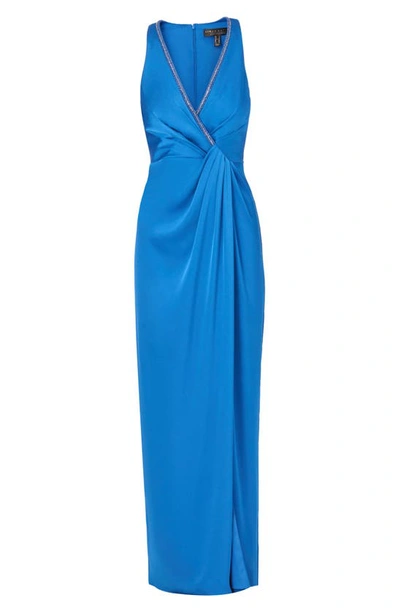 Aidan Mattox Beaded Trim Draped Satin Gown In Blue Horizon