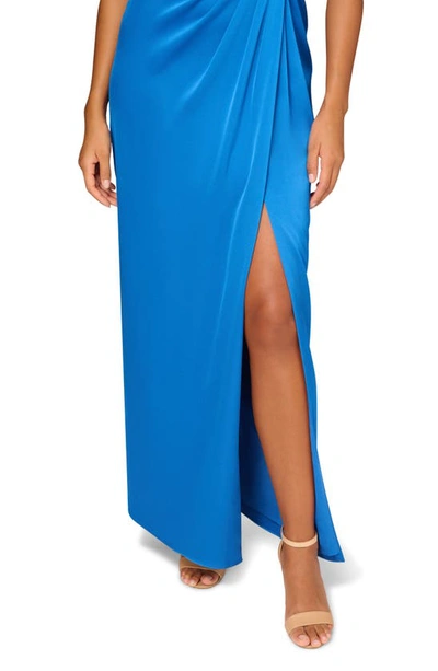 Aidan Mattox Beaded Trim Draped Satin Gown In Blue Horizon
