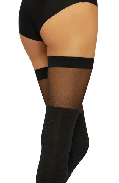 Shop Wolford Shiny Sheer Stay-up Stockings In Black/ Pewter