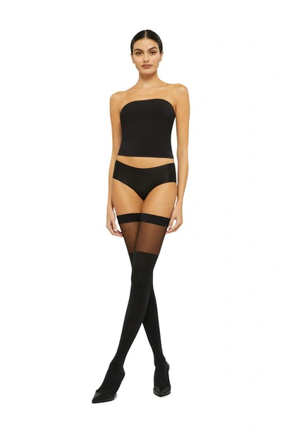 Shop Wolford Shiny Sheer Stay-up Stockings In Black/ Pewter