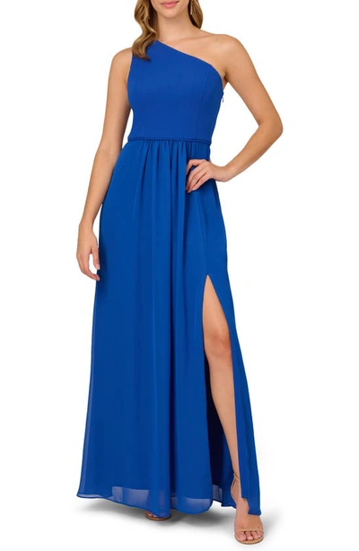 Shop Adrianna Papell One-shoulder Crepe Chiffon Gown In Violet Cobalt