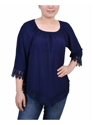 Shop Ny Collection Petites Womens Lace Peasant Blouse In Blue