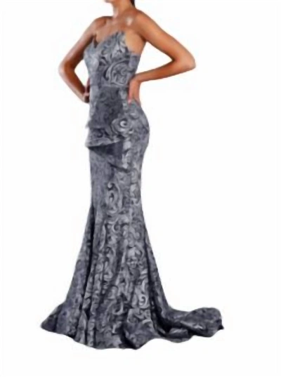 Jadore Peplum Embroidered Gown In Charcoal In Pink