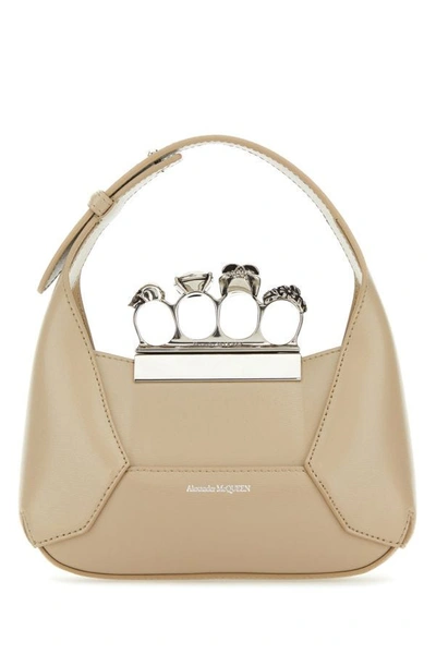 Alexander Mcqueen Sand Leather Mini Jewelled Hobo Handbag In Brown