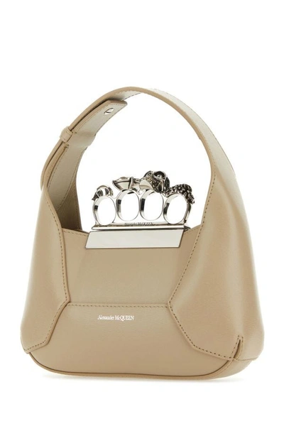 Shop Alexander Mcqueen Woman Sand Leather Mini Jewelled Hobo Handbag In Brown