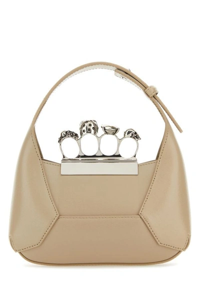 Shop Alexander Mcqueen Woman Sand Leather Mini Jewelled Hobo Handbag In Brown