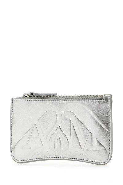 Alexander Mcqueen Streamlined Metallic Leather Wallet In Silver