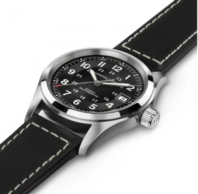 Pre-owned Hamilton Khaki Field Automatic Black Dial Leather Strap Men's Watch H70455733