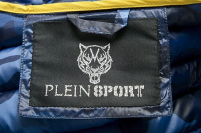 Pre-owned Plein Sport Men's Military Blue Hooded Logo Print Zip Up Parka Jacket