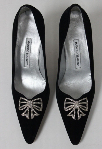 Pre-owned Manolo Blahnik Terlan Black Velvet Heels Pumps Crystal Embellishments 39