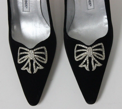 Pre-owned Manolo Blahnik Terlan Black Velvet Heels Pumps Crystal Embellishments 39