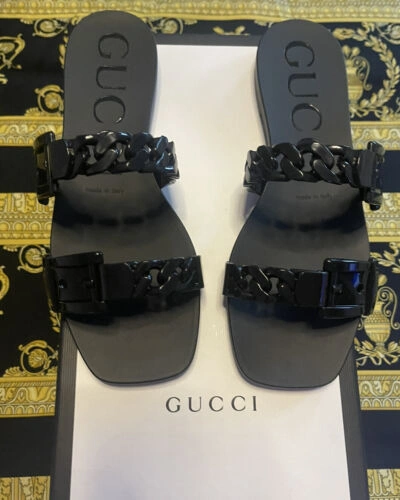Pre-owned Gucci In Box 100% Authentic  Chain Link Sandals Slides Gg Size 35 In Black