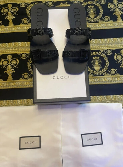 Pre-owned Gucci In Box 100% Authentic  Chain Link Sandals Slides Gg Size 35 In Black