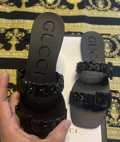 Pre-owned Gucci In Box 100% Authentic  Chain Link Sandals Slides Gg Size 35 In Black