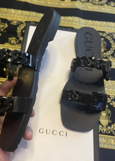 Pre-owned Gucci In Box 100% Authentic  Chain Link Sandals Slides Gg Size 35 In Black