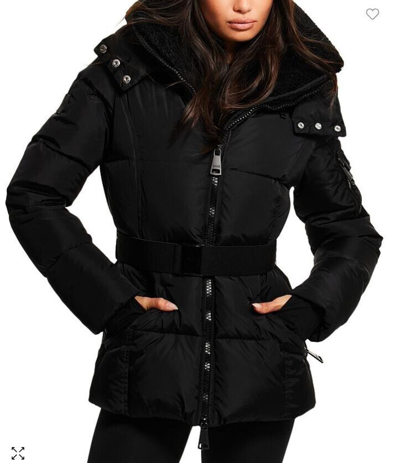 Pre-owned Sam $625 . Liv Belted Hooded Puffer Coat Jacket Color Matte Black/black Sz M