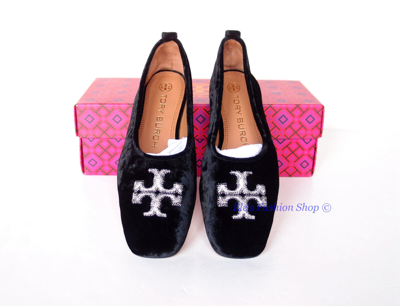 Pre-owned Tory Burch Eleanor Leather Ballet Flats Black Us 8.5 Authentic