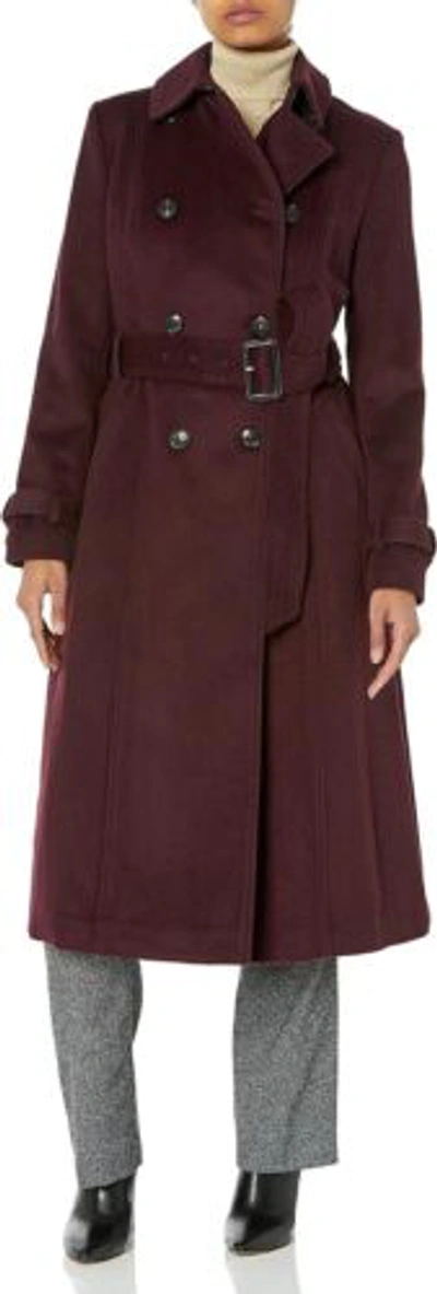 Pre-owned Cole Haan Women's Flared Trench Slick Wool Coat In Bordeaux