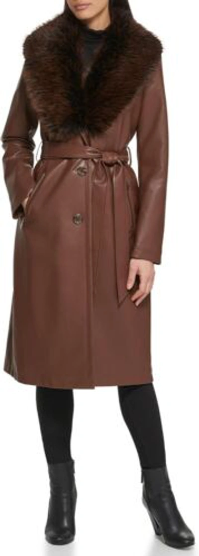 Pre-owned Kenneth Cole Women's Knee Length Faux Leather Belted Moto Jacket With Fur... In Coffee