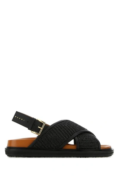 Shop Marni Woman Black Raffia And Leather Fussbett Sandals