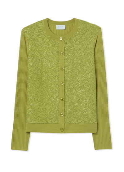 Shop St John Sequin And Rib Knit Cardigan In Chartreuse