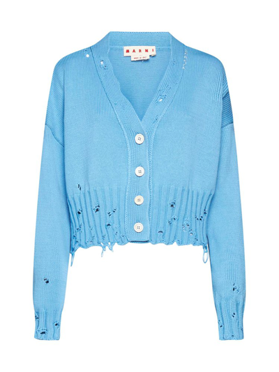 Shop Marni Distressed Cropped Knitted Cardigan In Blue