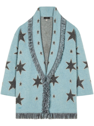 Alanui Star Printed Belted Fringed Cardigan In Blue