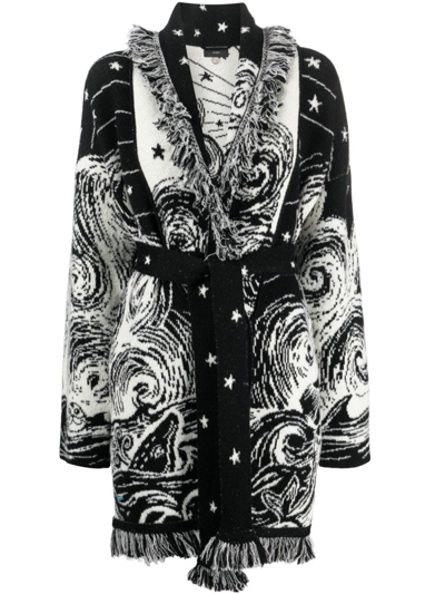 Alanui Belted Fringed Wool-blend Jacquard Cardigan In Nero