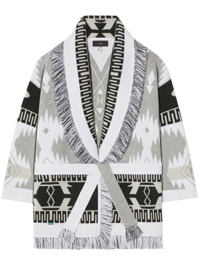 Alanui Icon Fringed Cashmere-jacquard Cardigan In Grey
