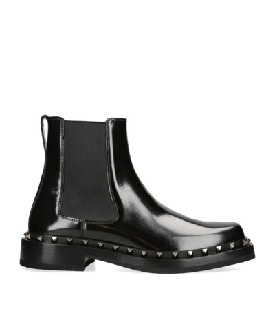 Shop Valentino Leather Rockstud Chelsea Boots In Black