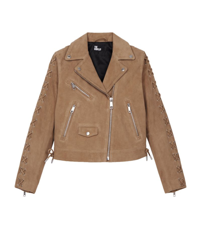 Shop The Kooples Suede Biker Jacket In Beige