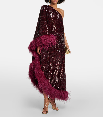 Shop Roland Mouret Feather-trimmed Sequined Midi Dress In Red