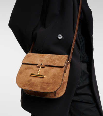 Tom Ford Tara Mini Flap Crossbody Bag In Suede And Leather In Brown