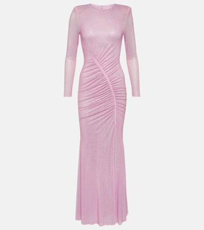 Shop Self-portrait Crystal-embellished Mesh Maxi Dress In Pink