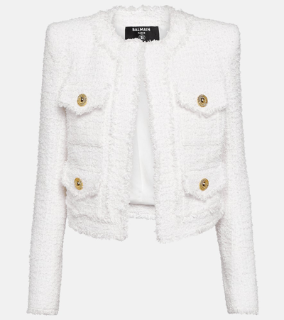 Shop Balmain Cropped Tweed Jacket In White