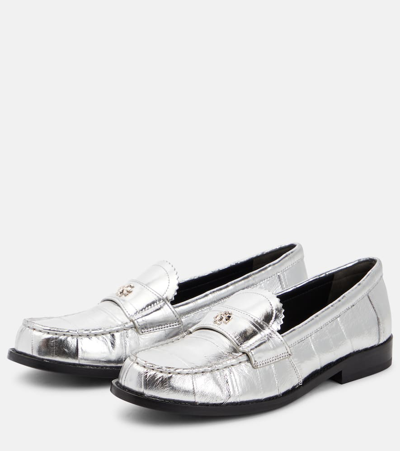 Shop Tory Burch Perry Metallic Leather Loafers In Silver