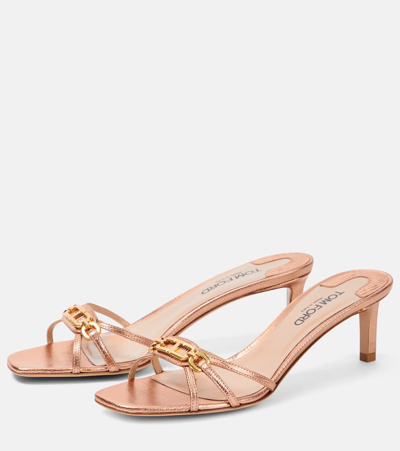 Tom Ford Monogram Metallic Leather Mules In Pink