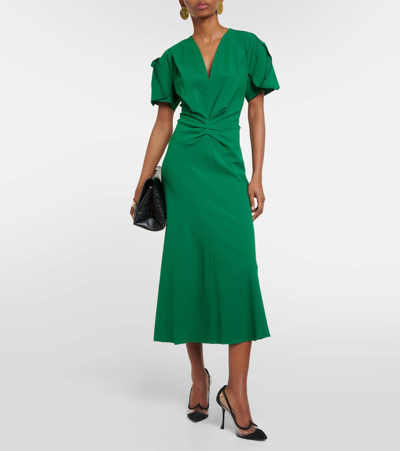 Shop Victoria Beckham Gathered Wool-blend Midi Dress In Green