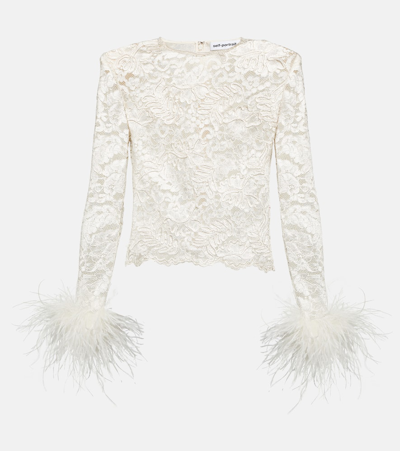 Shop Self-portrait Feather-trimmed Lace Top In White