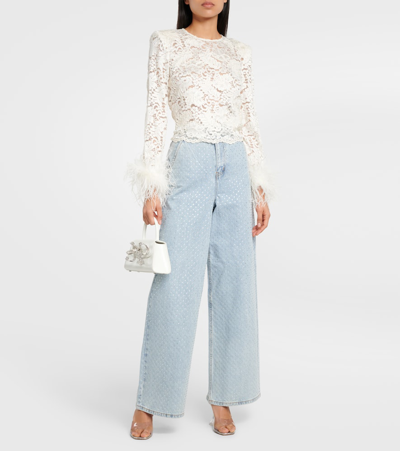 Shop Self-portrait Feather-trimmed Lace Top In White