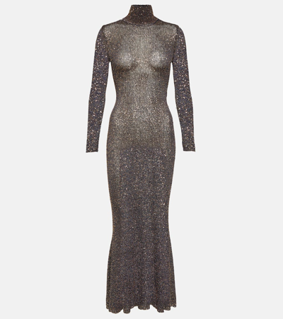 Shop Balenciaga Sequined Knitted Maxi Dress In Brown