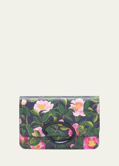 Shop Oscar De La Renta O Pochette Camellia-print Crossbody Bag In Navy Multi