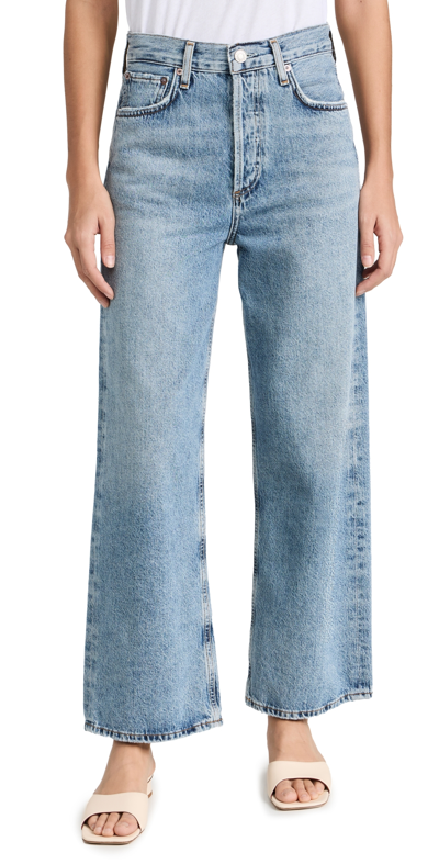Agolde Low Curve Fray Rigid Mid-rise Barrel-leg Jeans In Disclosure