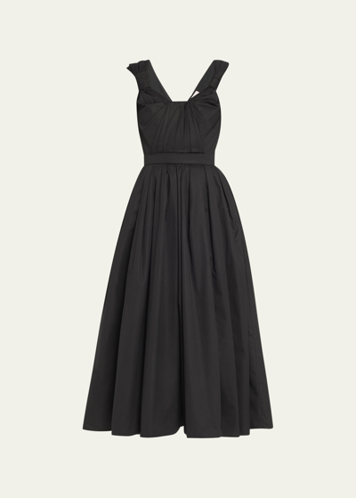 Shop Alexander Mcqueen Knotted Neckline Fit-flare Poplin Midi Dress In Black