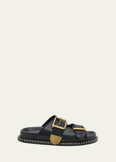 Shop Chloé Rebecca Leather Dual Buckle Slide Sandals In Black