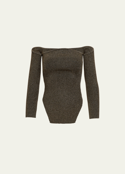 Shop Khaite Maria Metallic Off-shoulder Ribbed Sweater In Gold