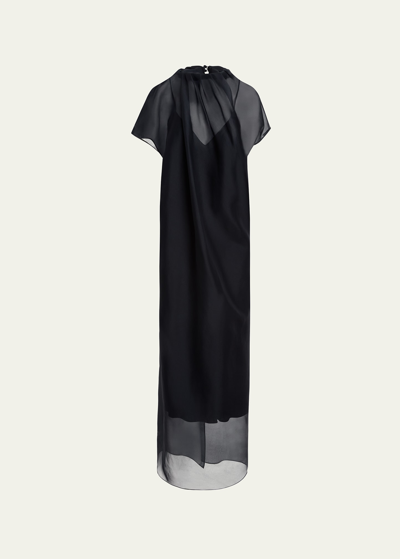 Shop Khaite Essie Gathered Neck-tie Cap-sleeve Silk Chiffon Gown In Black