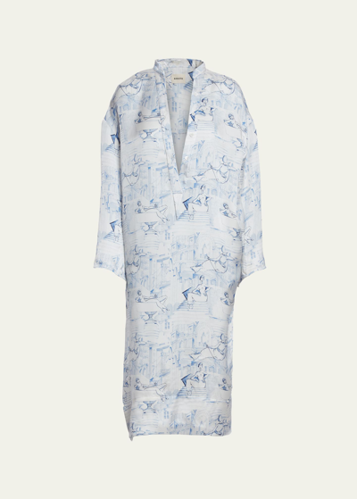 Shop Khaite Brom Printed High-low Midi Dress In Cream / Blue