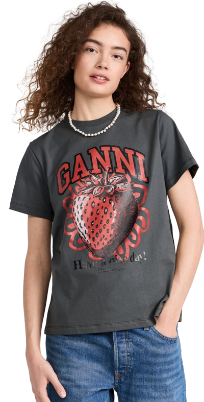 Shop Ganni Basic Jersey Strawberry Relaxed T-shirt Volcanic Ash